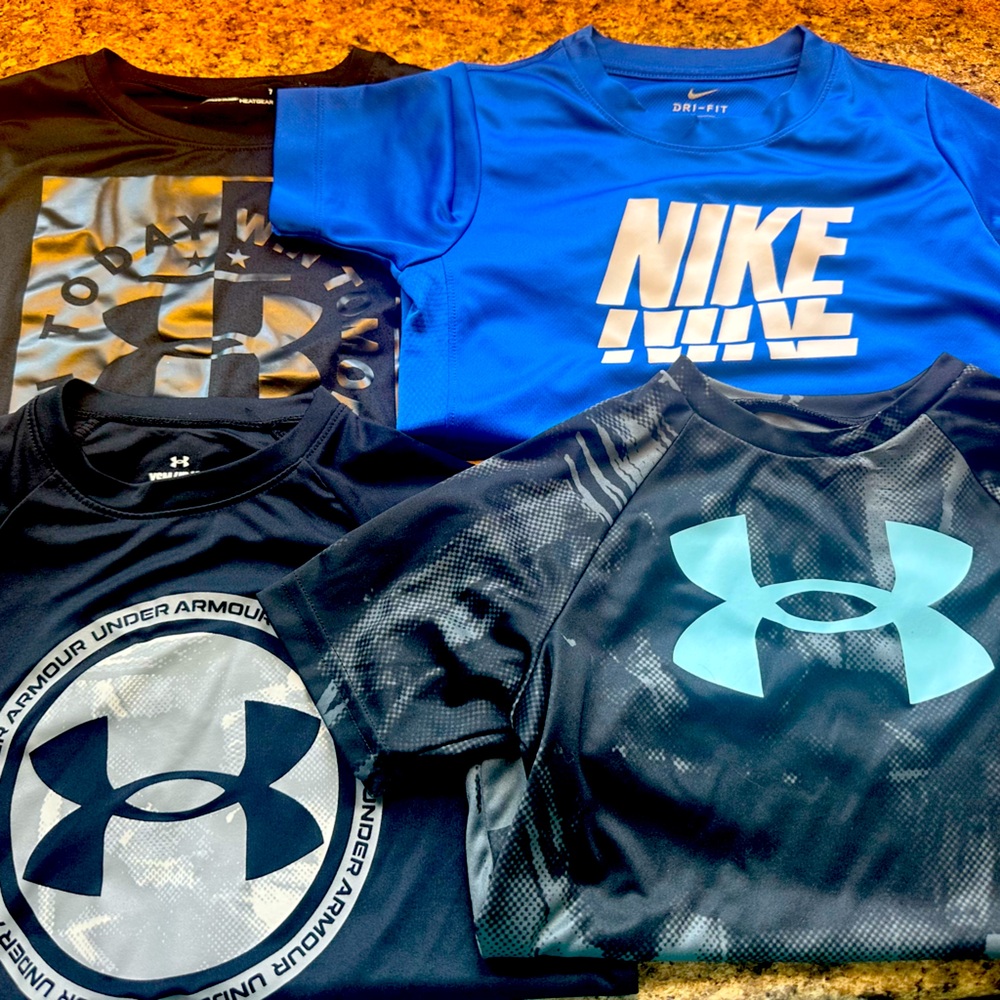 4 shirt bundle- boys YS athletic shirts, under armour or Nike